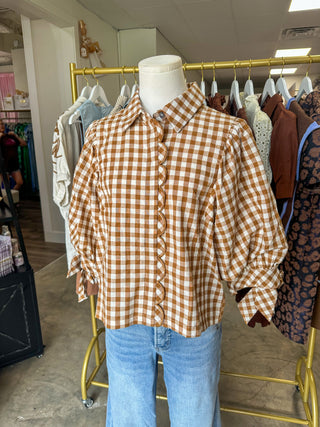 Caramel Gingham Picnic Scallop Trim Blouse