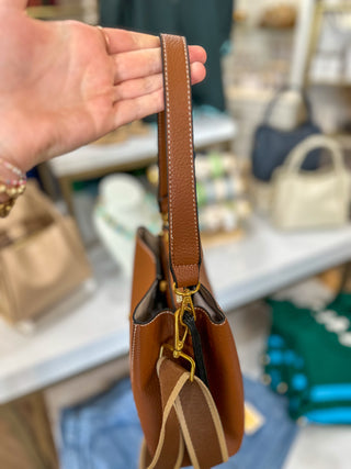 Brown Corinna Bucket Bag W/ Two-Tone Canvas Strap
