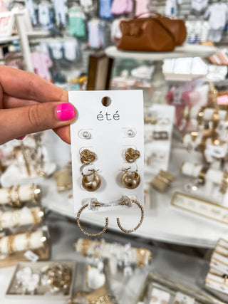 Pearl Stud & Gold Stud Hoop Set of 4 Earrings