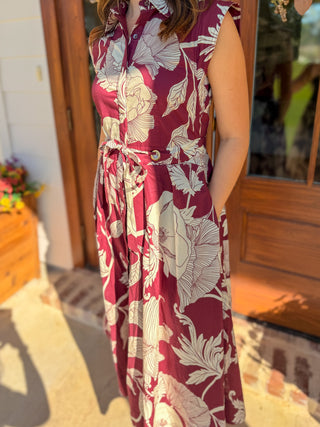 Burgundy Garden Society Collared Tie Waist Maxi Dress