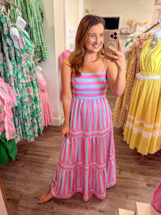 Pink & Blue Striped Cape Cod Midi Dress