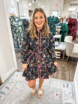Black Autumn Rose Button Mini Dress