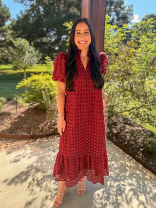 Burgundy Sweet Eyelet Moments Midi Dress