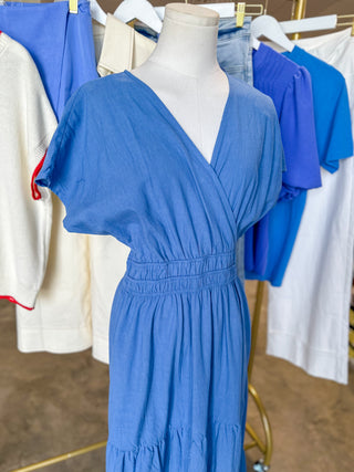 Blue Smocked Waist Tiered Maxi Dress
