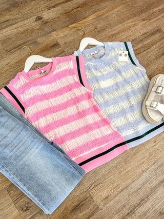 Hues of Pink Striped Sleeveless Top W/ Hunter Green Striped Accent Band