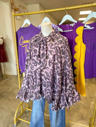 Painted in Purple Tie Neck Blouse