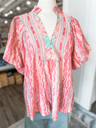 Coral Pink Boho Soft Aqua Tone Bubble Sleeve Blouse