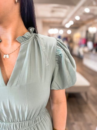 Sage Puff Sleeve V-Neck Maxi Dress