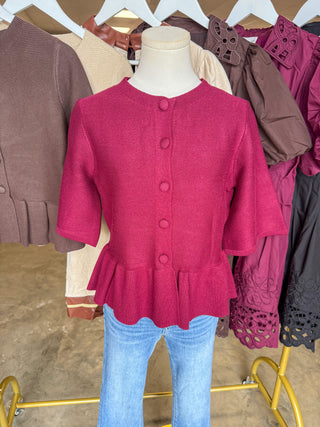 The Burgundy Hadley Peplum Short Sleeve Cardigan
