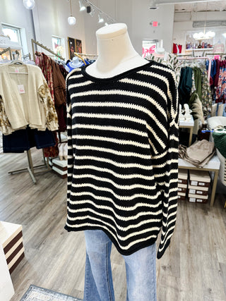 Black Simple Girl Stripe Boat Neck Sweater