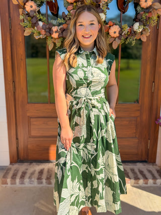 Fern Garden Society Collared Tie Waist Maxi Dress