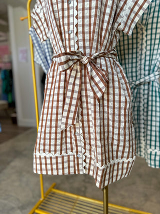 Brown Honeyfield Gingham Scallop Trim Belted Mini Dress