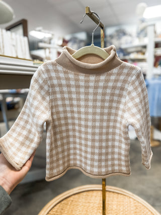 Beige Gingham Rolled Neck Sweater