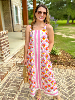 Pink Petal Crush & Stripes Midi Dress