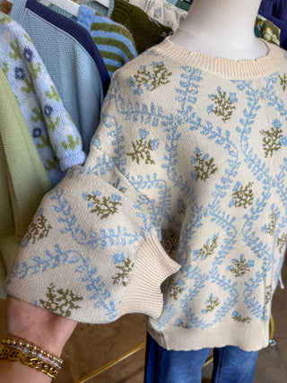 Blue & Sage Willow Floral Jacquard Knit Sweater