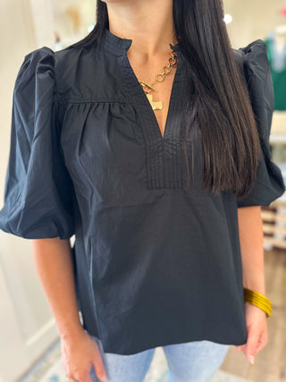 Black Standing Collar Poplin Top