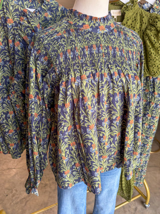 Navy Hidden Blooms Smocked Blouse
