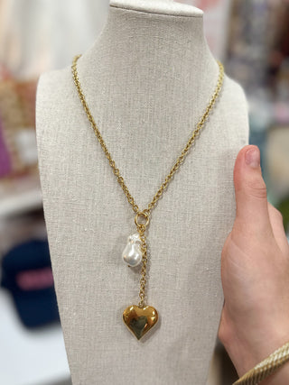 Gold Heart & Pearl Drop Necklace