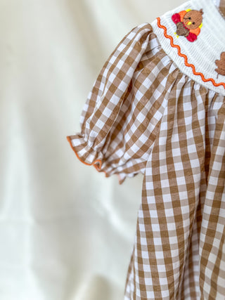 Thanksgiving Smocking Embroidered Brown Plaid Dress