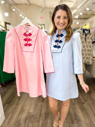 Pink Contrast Trim Tiered Knot Button Detail Mini Dress