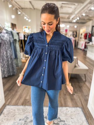 Navy Petal Pleats Pintuck Detail Blouse