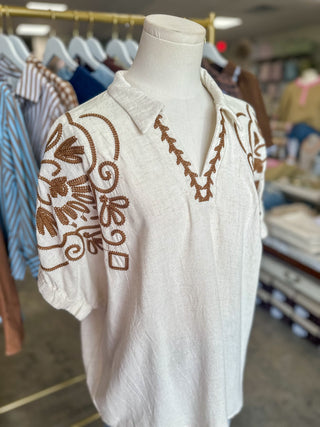 Oatmeal & Brown Frontier Floral Embroidered Top