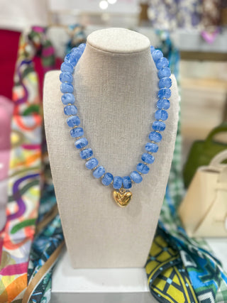 Blue Marble Beaded Heart Charm Necklace