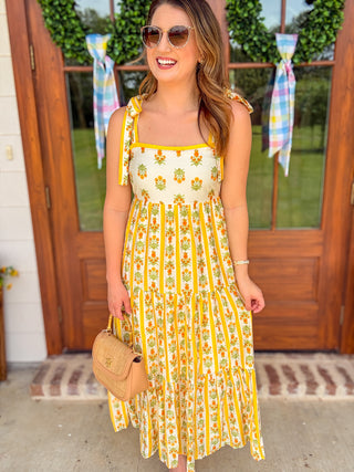 Yellow Floral State of Mind Stripe Midi Dress