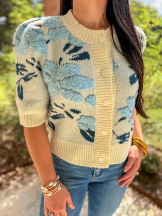 Ivory Blue Petal & Knit Short Sleeve Cardigan