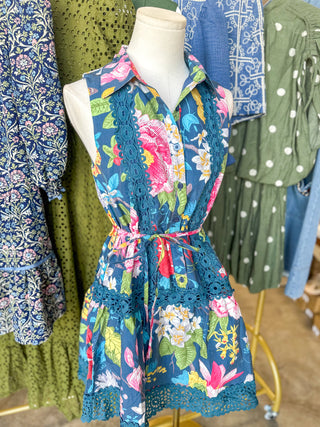 Navy Blooming At Midnight Laced Trim Mini Dress