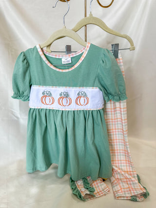 Girls Green Pumpkin Patch Embroidered Set