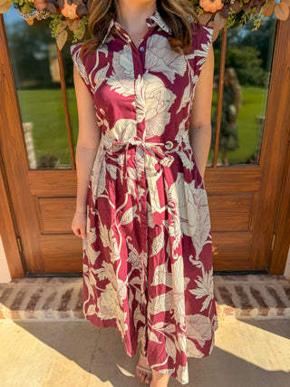 Burgundy Garden Society Collared Tie Waist Maxi Dress