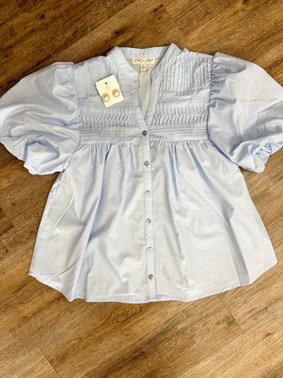 Light Blue Petal Pleats Pintuck Detail Blouse