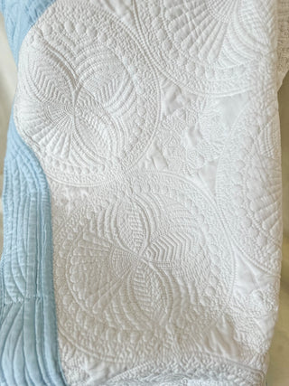 White W/ Baby Blue Trim Baby Quilt