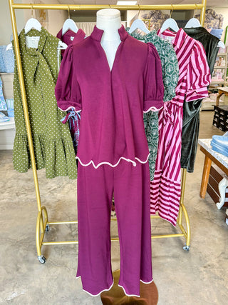 Plum Perfectly Scalloped Trim Pants Set