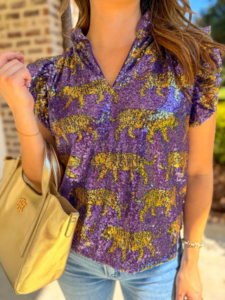Game Day Sparkle Tiger Sequin Flutter Sleeve Tank