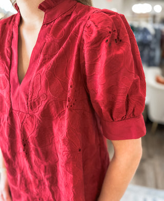 Red Everleaf Eyelet Short Sleeve V-Neck Top