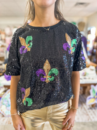 Black Fleur De Lis Sequin Patch Top