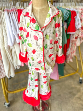Christmas Lights Print Pajama Set W/ Red Furry Trim
