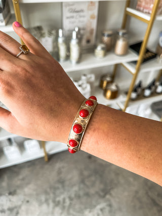 Red Color Coated Studded W/ Gold Hammered Stretch Bracelet