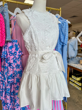 White Ever After Floral Lace Belted Mini Dress