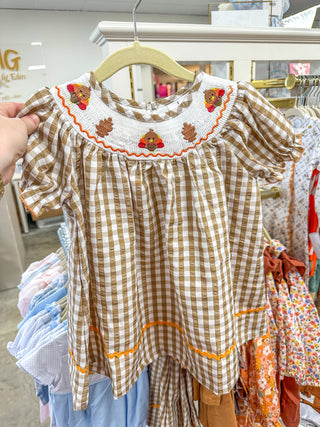 Thanksgiving Smocking Embroidered Brown Plaid Dress