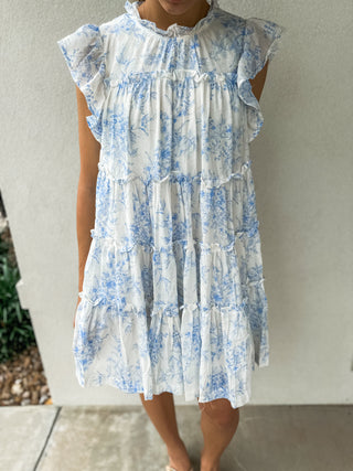 Off White Baby Blue Classic Print Tiered Dress