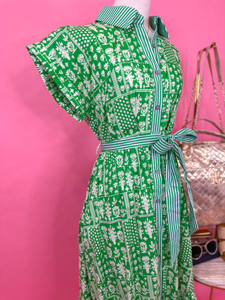 Green Backyard Bloom Tie Waist Midi Dress