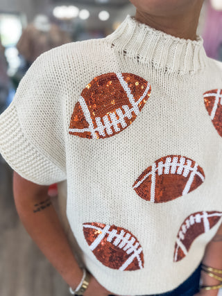 Oatmeal Sequin Football Sequin Patch Sleeveless Sweater