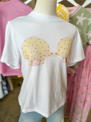 White W/ Pink & Yellow Bedazzled Seashell Bikini Cropped Tee