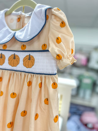 Khaki Pumpkin Trio Embroidery Smocked Dress