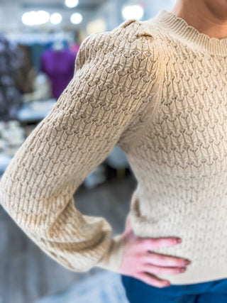 French Beige Scalloped Edge Detail Lightweight Long Sleeve Top