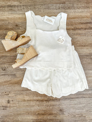 SET Ivory Square Neck W/ Scallop Trim Woven Shorts & Top