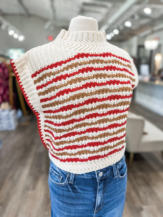 Red & Ivory Striped Crochet Sweater